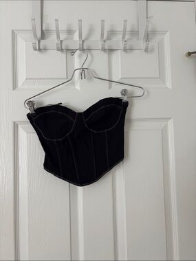 Garage Black Corset-Style Crop Top with Contrast Stitching